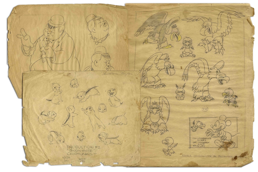 Disney Animator Thurston Harper Lot of Three Pages of Sketches -- Includes Mickey Mouse, Emil Eagle, Chipmunks From ''Snow White'', & Oliver Hardy